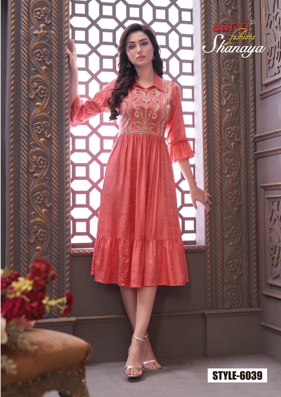 Aarvi Shanaya 4 rayon Designer Fancy Wear Embroidery Kurti Collection